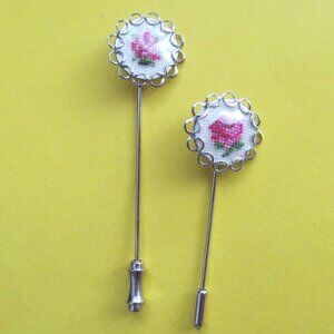 Vintage embroidered stick pin lot Petit point 2 pcs silver tone